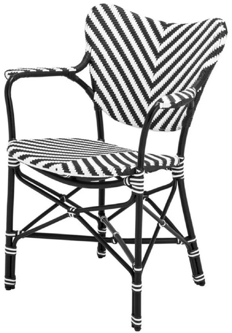Casa Padrino Luxus Esszimmer Stuhl mit Armlehnen Weiß / Schwarz 63 x 54 x H. 87 cm - Luxus Rattan Garten Stuhl - Esszimmer Möbel - Garten Möbel - Rattan Möbel - Luxus Möbel