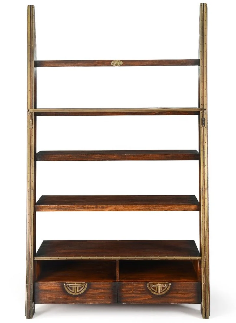 Casa Padrino Luxus Vintage Stil Regalschrank Dunkelbraun / Messing 140 x 60 x H. 240 cm - Massivholz Bücherschrank - Wohnzimmer Schrank - Büro Schrank - Büro Möbel - Luxus Vintage Stil Möbel