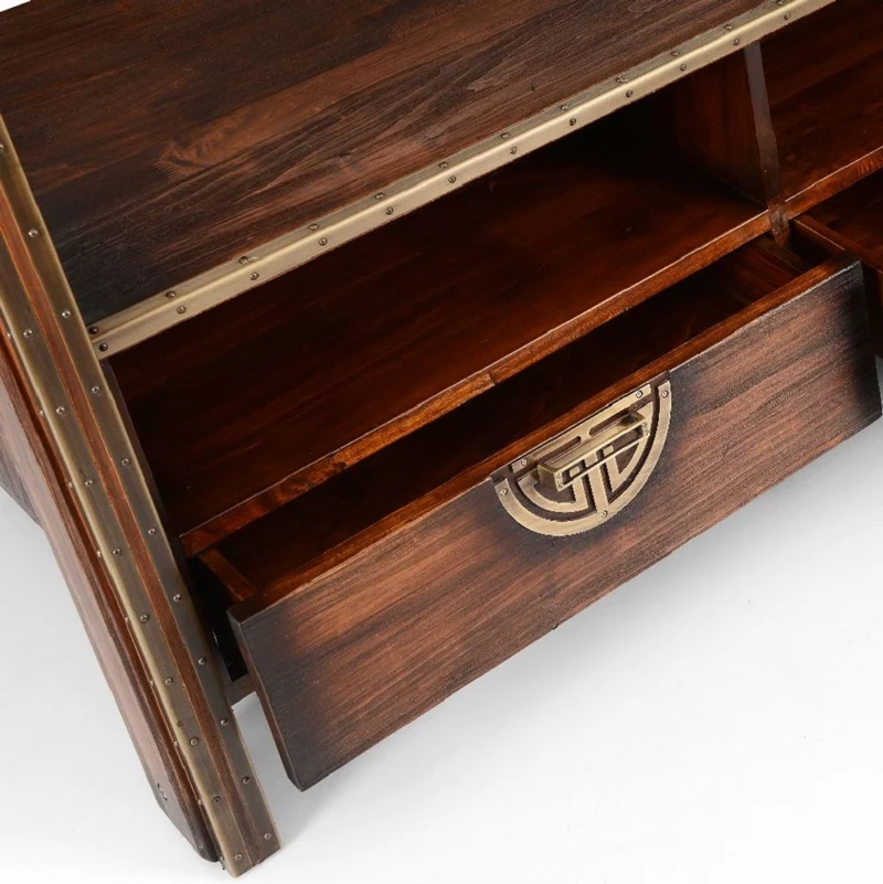 Casa Padrino Luxus Vintage Stil Regalschrank Dunkelbraun / Messing 140 x 60 x H. 240 cm - Massivholz Bücherschrank - Wohnzimmer Schrank - Büro Schrank - Büro Möbel - Luxus Vintage Stil Möbel