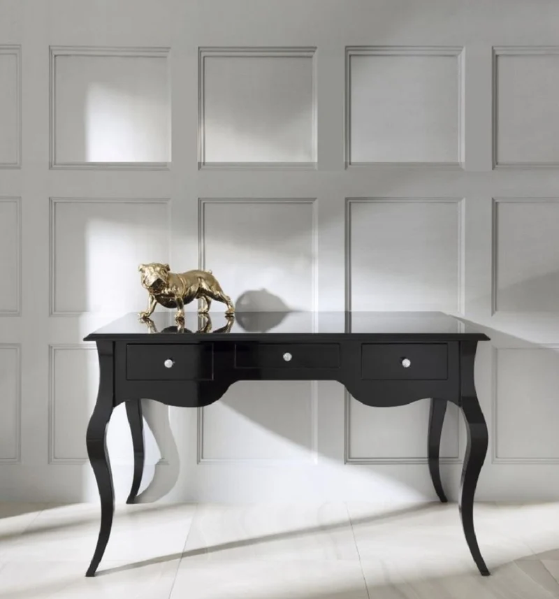 Casa Padrino Luxus Barock Sekretär mit 3 Schubladen Hochglanz Schwarz 130 x 75 x H. 80 cm - Massivholz Schreibtisch im Barockstil - Barock Büro Möbel - Luxus Möbel im Barockstil