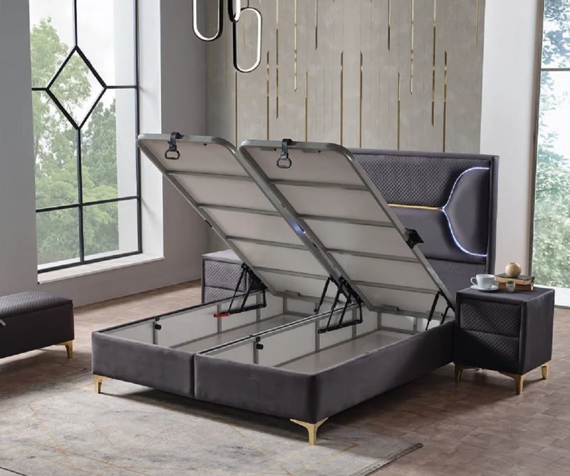 Casa Padrino Luxus Doppelbett Lila / Weiß / Gold 180 x 200 cm - Massivholz Bett mit LED Beleuchtung und Matratze - Schlafzimmer Möbel - Hotel Möbel - Luxus Möbel - Luxus Einrichtung