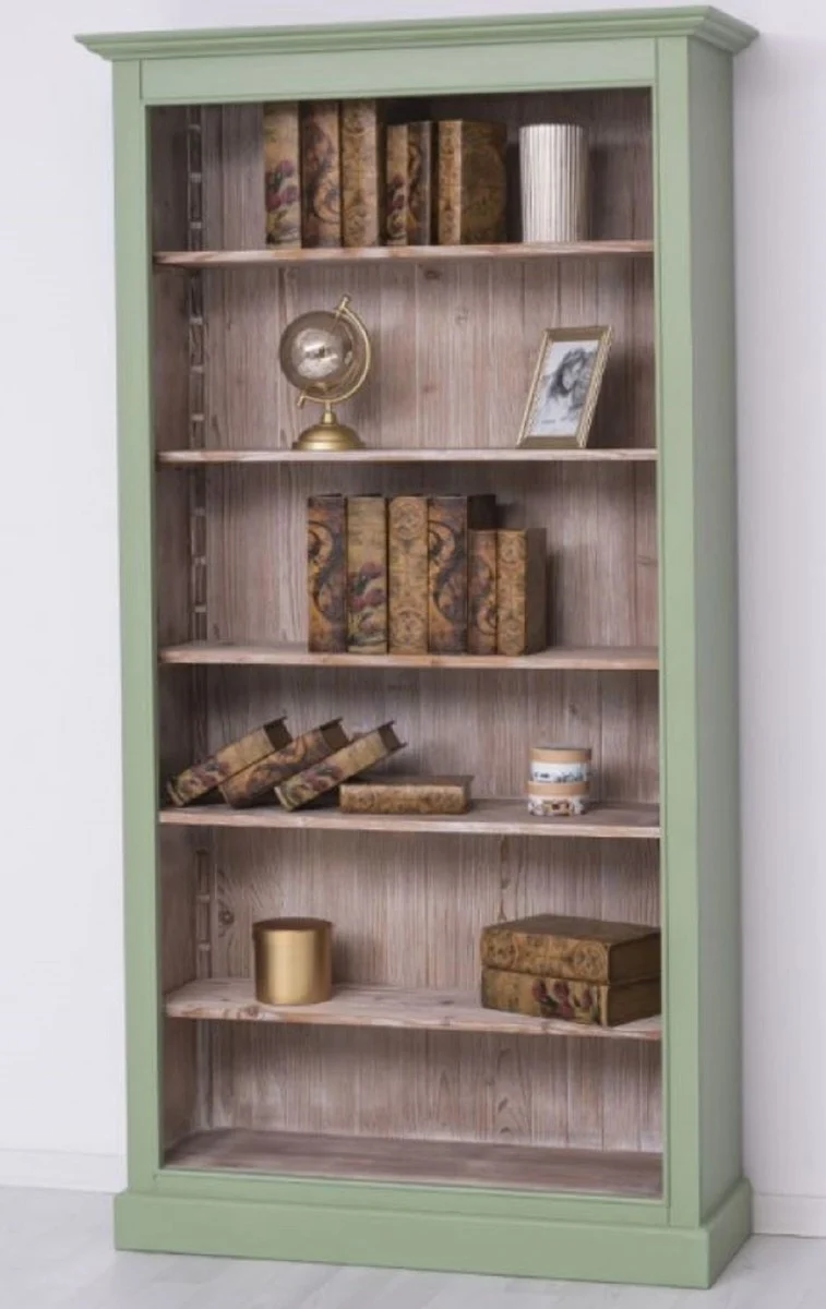 Casa Padrino Landhausstil Bücherschrank Grün / Naturfarben 110 x 39 x H. 210 cm - Massivholz Schrank - Regalschrank - Wohnzimmerschrank - Büroschrank - Landhausstil Möbel