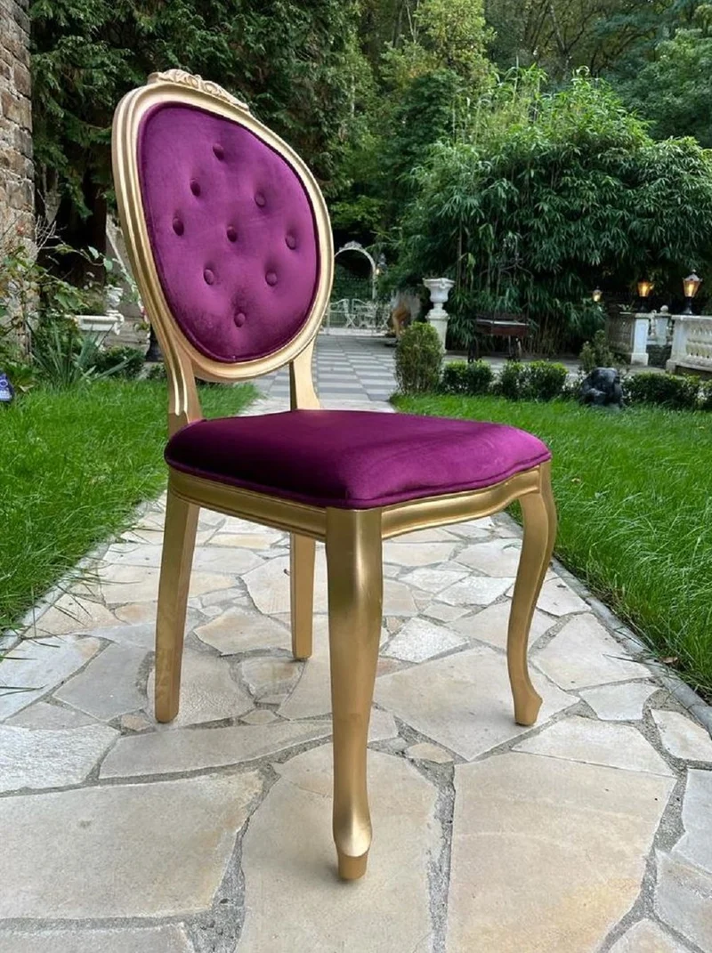 Casa Padrino Luxus Barock Esszimmer Stuhl Lila / Gold - Handgefertigter Antik Stil Stuhl mit edlem Samtstoff - Esszimmer Möbel im Barockstil - Barock Möbel - Barock Einrichtung