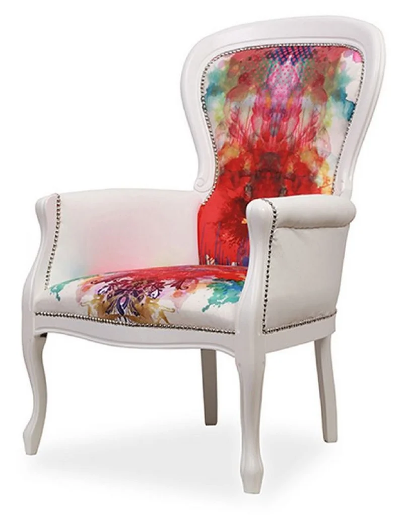 Casa Padrino Luxus Barock Kunstleder Sessel Mehrfarbig / Weiß - Luxus Wohnzimmer Sessel im Barockstil - Luxus Wohnzimmer Möbel im Barockstil - Barock Möbel - Edel & Prunkvoll