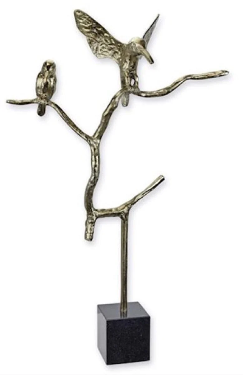 Casa Padrino Luxus Aluminium Deko Skulptur Vögel auf Ast Silber / Schwarz 45,6 x 15,2 x H. 75 cm - Aluminium Deko Figur mit Marmorsockel - Wohnzimmer Deko - Schreibtisch Deko