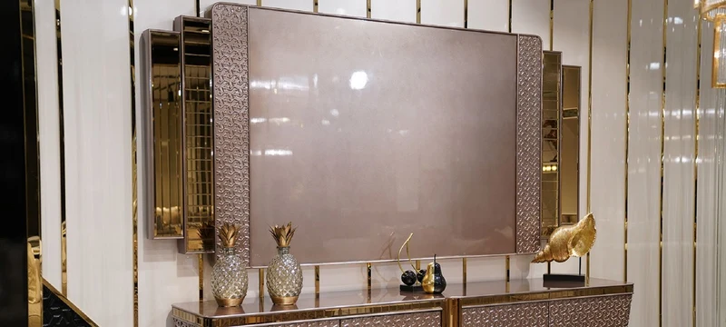 Casa Padrino Luxus TV Schrank Set Grau / Gold - Massivholz Wohnzimmer Sideboard mit TV Rückwand - Luxus Möbel - Wohnzimmer Möbel