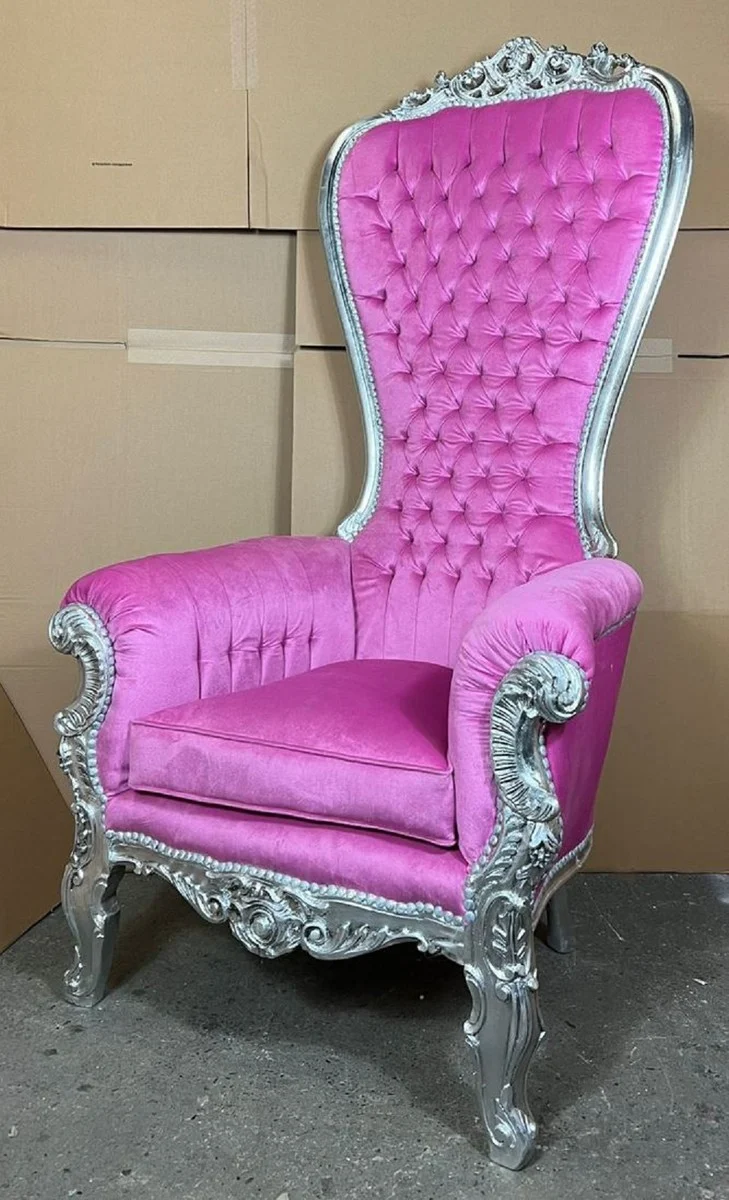 Casa Padrino Barock Thron Sessel mit edlem Samtstoff Rosa / Silber - Prunkvoller Königssessel - Handgefertigter Hochzeitssessel - Barock Riesensessel - Barock Möbel