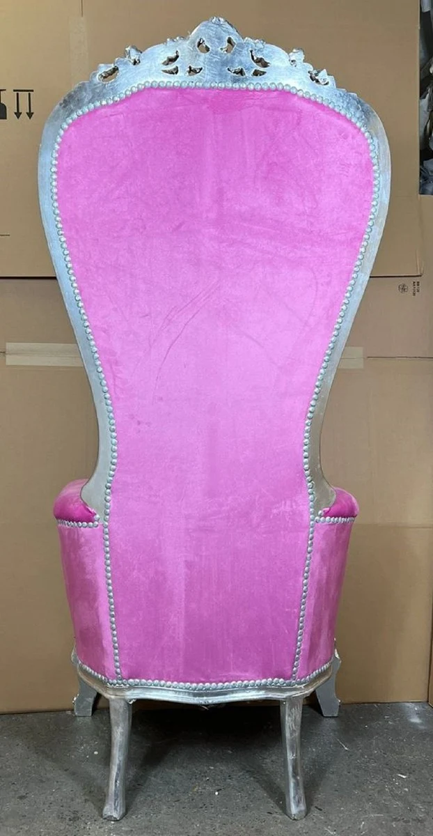 Casa Padrino Barock Thron Sessel mit edlem Samtstoff Rosa / Silber - Prunkvoller Königssessel - Handgefertigter Hochzeitssessel - Barock Riesensessel - Barock Möbel