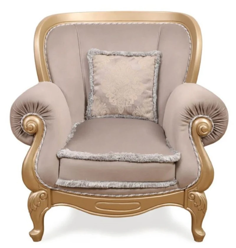 Casa Padrino Luxus Barock Wohnzimmer Sessel Grau / Gold - Handgefertigter Barockstil Sessel - Prunkvolle Luxus Wohnzimmer Möbel im Barockstil - Barock Möbel - Edel & Prunkvoll