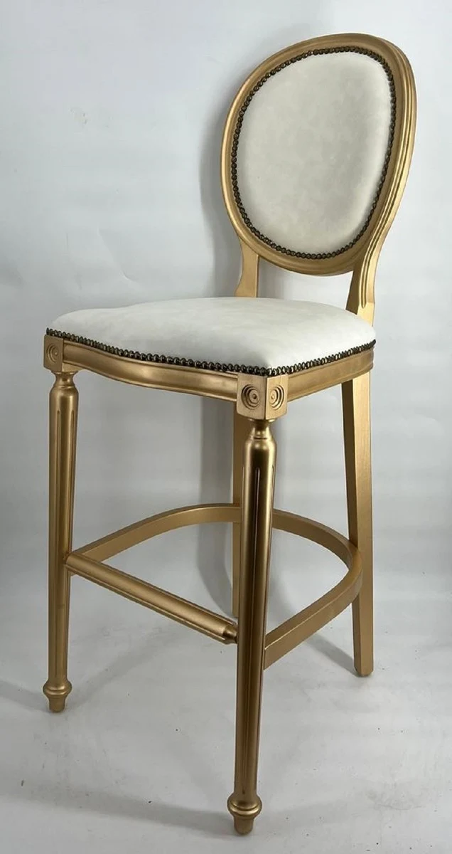 Casa Padrino Barock Barstuhl Hellgrau / Gold - Handgefertigter Massivholz Barhocker mit edlem Samtstoff - Barock Bar Möbel - Edel & Prunkvoll