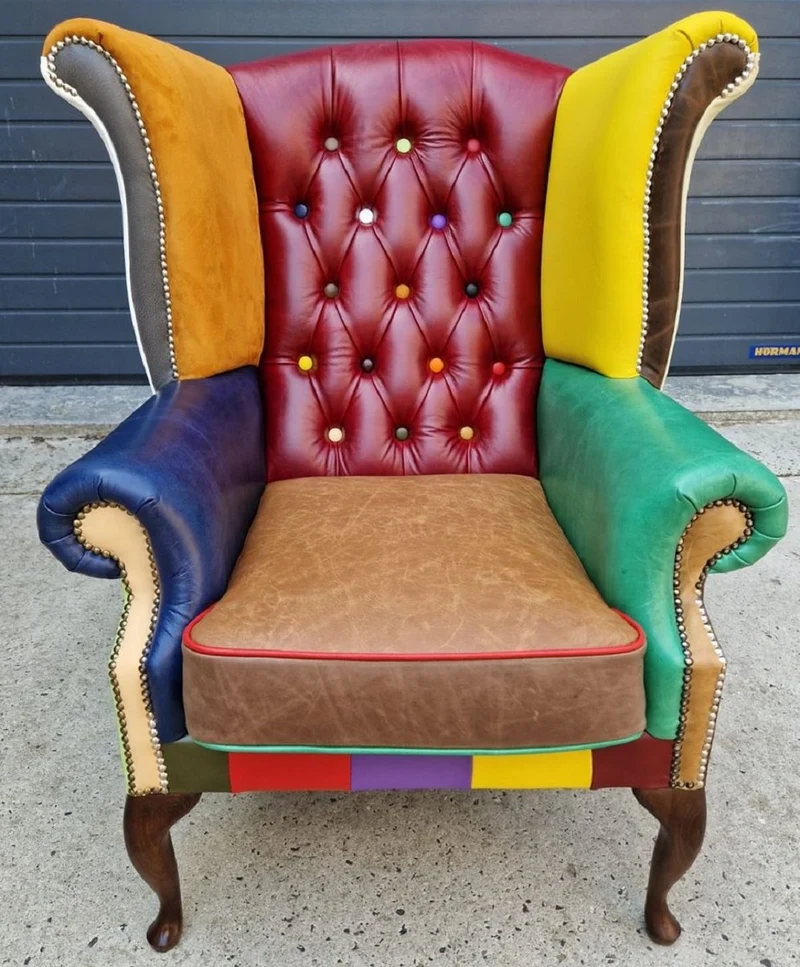 Casa Padrino Luxus Chesterfield Ohrensessel Mehrfarbig / Dunkelbraun 98 x 90 x H. 110 cm - Echtleder Chesterfield Wohnzimmer Sessel - Wohnzimmer Möbel - Chesterfield Möbel - Luxus Leder Möbel