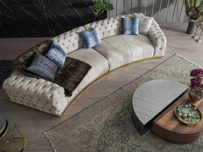 Casa Padrino Luxus Chesterfield Sofa Grau / Gold 380 x 100 x H. 72 cm - Gebogenes Wohnzimmer Sofa - Hotel Sofa - Wohnzimmer Möbel - Chesterfield Möbel - Luxus Möbel - Luxus Einrichtung