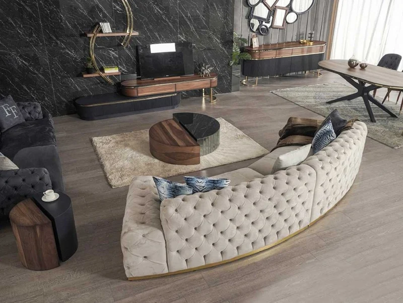 Casa Padrino Luxus Chesterfield Sofa Grau / Gold 380 x 100 x H. 72 cm - Gebogenes Wohnzimmer Sofa - Hotel Sofa - Wohnzimmer Möbel - Chesterfield Möbel - Luxus Möbel - Luxus Einrichtung