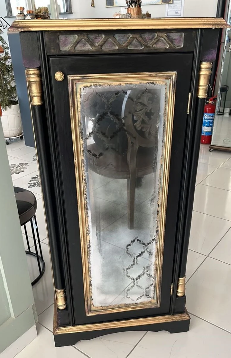 Casa Padrino Barock Glasvitrine Schrank Schwarz / Antik Gold 57 x 42 x H. 116 cm - Antik Stil Vitrine Glas verspiegelt