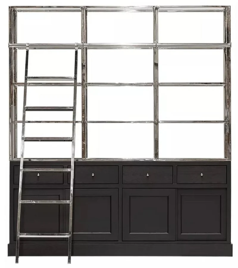 Casa Padrino Regalschrank mit Leiter Schwarz / Silber 219 x 43 x H. 240 cm - Bücherschrank - Wohnzimmer Schrank - Büro Schrank - Wohnzimmer Möbel - Büro Möbel - Luxus Möbel