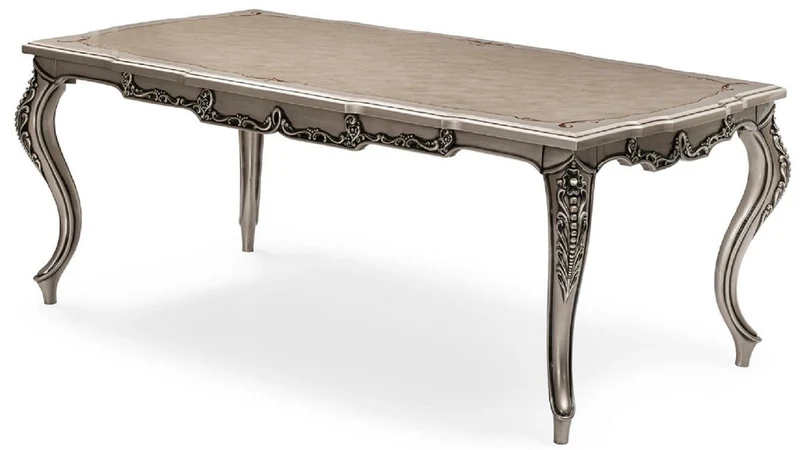 Casa Padrino Luxus Barock Esszimmer Set Grau / Silber - 1 Barock Esstisch & 6 Barock Esszimmerstühle - Luxus Esszimmer Möbel im Barockstil - Prunkvolle Barock Esszimmer Möbel