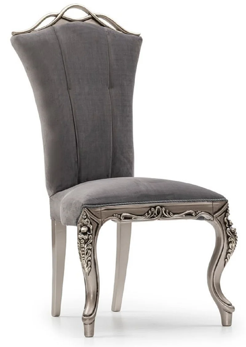 Casa Padrino Luxus Barock Esszimmer Set Grau / Silber - 1 Barock Esstisch & 6 Barock Esszimmerstühle - Luxus Esszimmer Möbel im Barockstil - Prunkvolle Barock Esszimmer Möbel