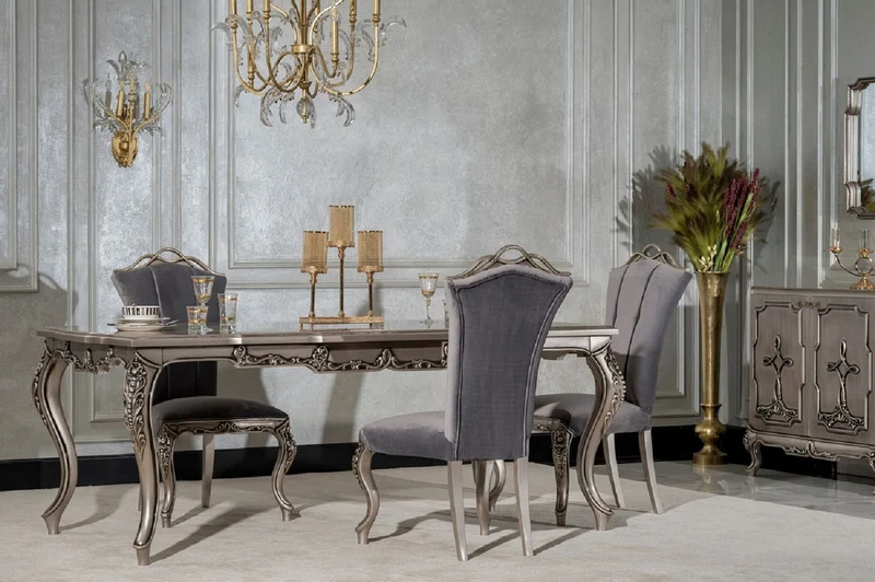 Casa Padrino Luxus Barock Esszimmer Set Grau / Silber - 1 Barock Esstisch & 6 Barock Esszimmerstühle - Luxus Esszimmer Möbel im Barockstil - Prunkvolle Barock Esszimmer Möbel