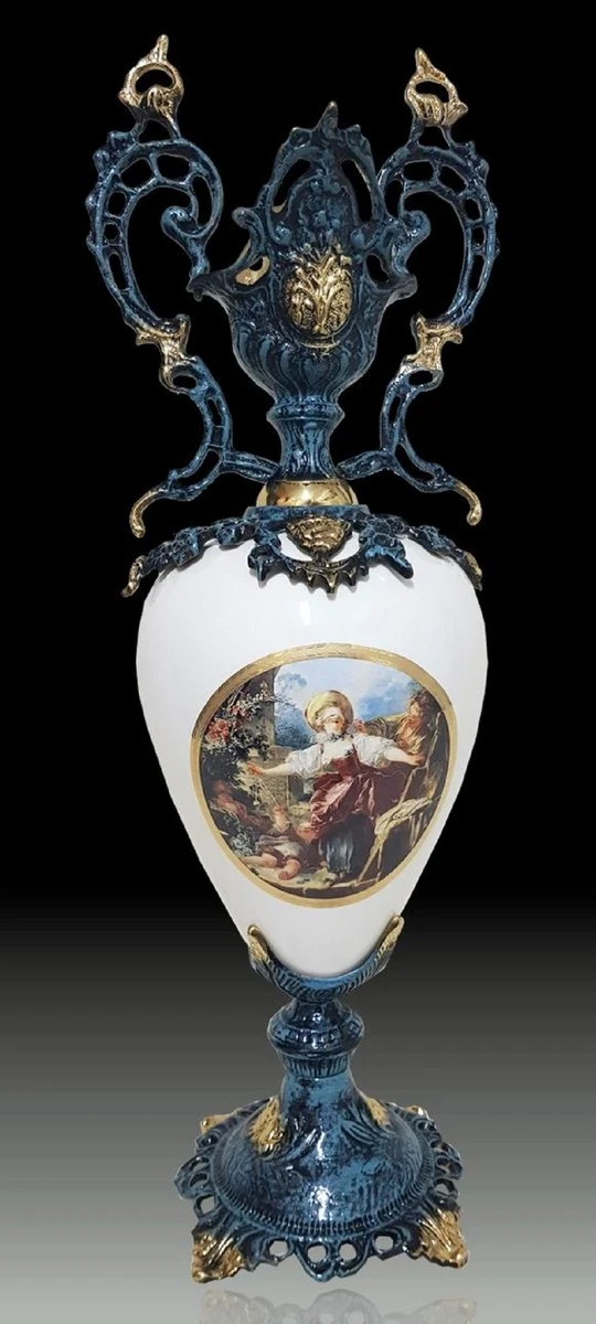 Casa Padrino Luxus Barock Vase Blau / Weiß / Mehrfarbig / Gold 21 x H. 62 cm - Handgefertigte Barockstil Blumenvase - Barock Deko Accessoires - Edel & Prunkvoll