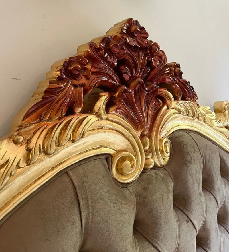 Casa Padrino Luxus Barock Doppelbett mit Matratze Grau / Gold / Braun - Prunkvolles Massivholz Bett - Luxus Schlafzimmer Möbel im Barockstil - Barock Möbel - Edel & Prunkvoll