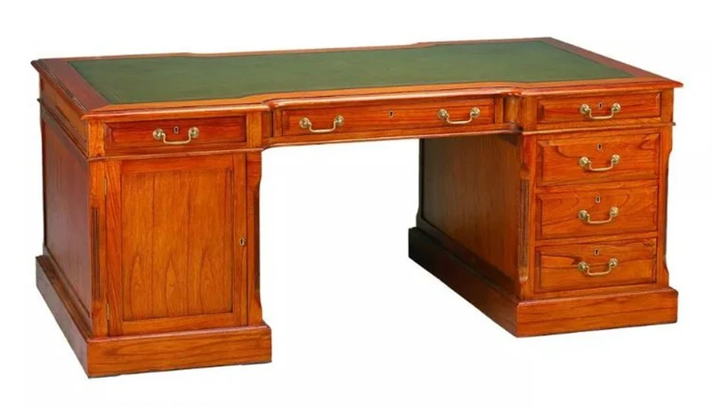Casa Padrino Luxus Schreibtisch Hellbraun / Echtleder Grün 190 x 105 x H. 79 cm - Massivholz Antik Stil Sekretär mit 6 Schubladen