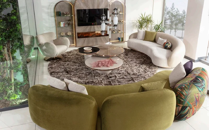 Casa Padrino Luxus Sofa Grün / Mehrfarbig / Kupfer 330 x 110 x H. 70 cm - Gebogenes Wohnzimmer Sofa - Hotel Sofa - Wohnzimmer Möbel - Hotel Möbel - Luxus Möbel - Luxus Einrichtung