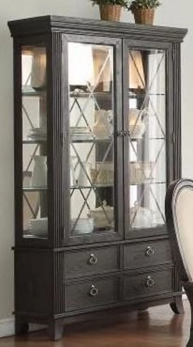 Casa Padrino Luxus Landhausstil Vitrine mit LED Beleuchtung Schwarz 124 x 57 x H. 177 cm - Beleuchteter Massivholz Vitrinenschrank mit 2 Glastüren und 4 Schubladen - Landhausstil Möbel