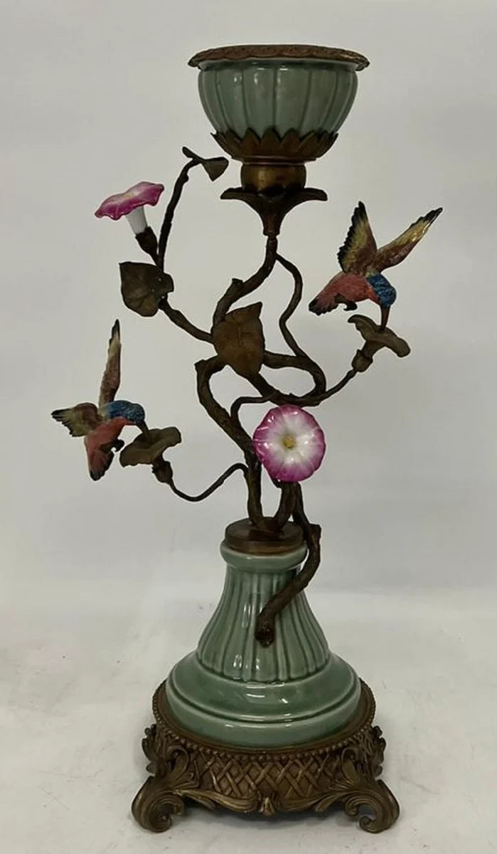 Casa Padrino Jugendstil Kerzenhalter mit dekorativen Blumen und Vögeln Mehrfarbig / Antik Messing H. 48 cm - Deko Accessoires im Barock & Jugendstil