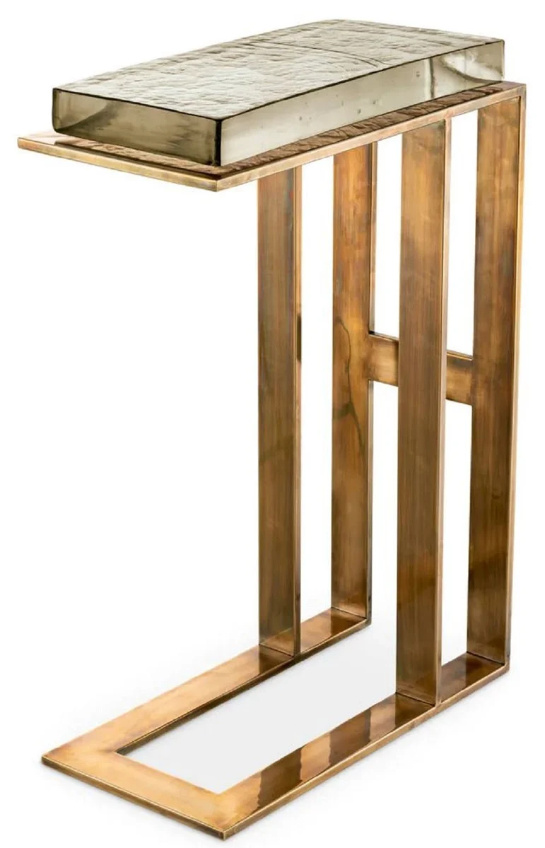 Casa Padrino Luxus Beistelltisch Vintage Messing 45 x 23 x H. 66 cm - Rechteckiger Edelstahl Tisch mit Glasplatte - Luxus Möbel - Wohnzimmer Möbel - Luxus Einrichtung - Wohnzimmer Einrichtung