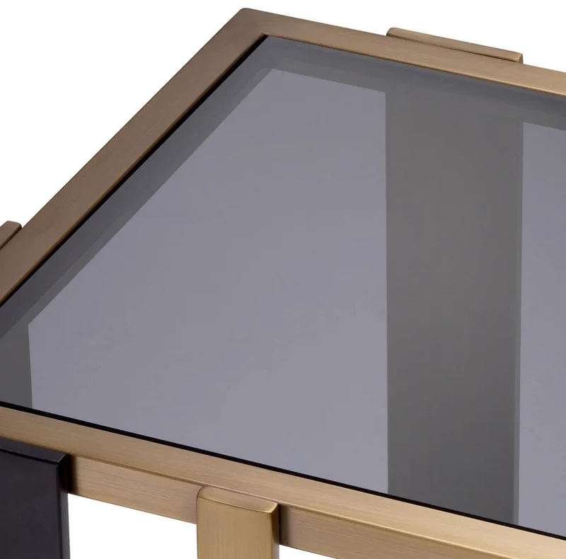 Casa Padrino Luxus Beistelltisch Messing / Schwarz / Grau 47,5 x 47,5 x H. 55,5 cm - Quadratischer Tisch mit Glasplatten - Wohnzimmer Möbel - Luxus Möbel - Luxus Qualität