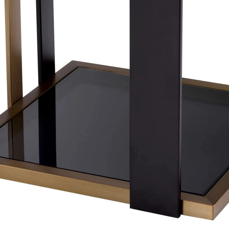 Casa Padrino Luxus Beistelltisch Messing / Schwarz / Grau 47,5 x 47,5 x H. 55,5 cm - Quadratischer Tisch mit Glasplatten - Wohnzimmer Möbel - Luxus Möbel - Luxus Qualität