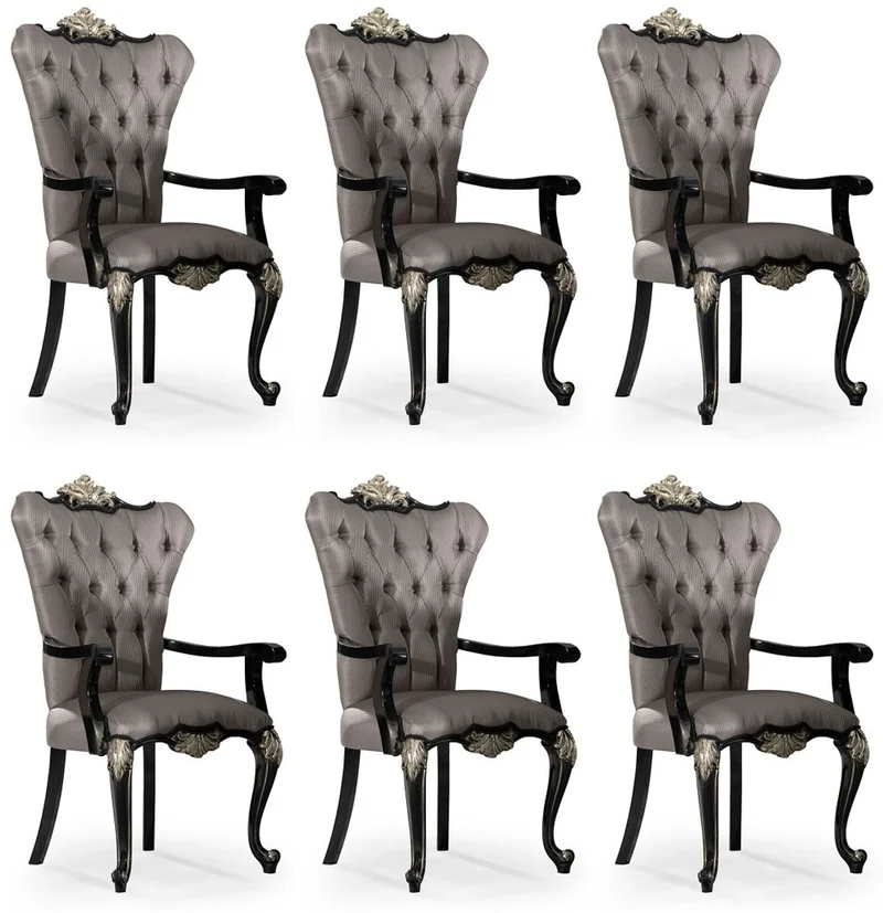 Casa Padrino Luxus Barock Esszimmer Stuhl 6er Set mit Armlehnen Silber / Schwarz / Silber - Prunkvolle Barockstil Küchen Stühle - Luxus Barock Esszimmer Möbel - Edel & Prunkvoll