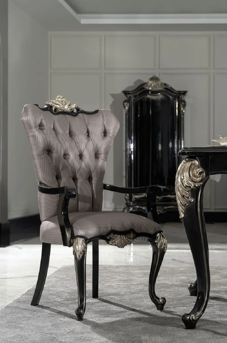 Casa Padrino Luxus Barock Esszimmer Stuhl 6er Set mit Armlehnen Silber / Schwarz / Silber - Prunkvolle Barockstil Küchen Stühle - Luxus Barock Esszimmer Möbel - Edel & Prunkvoll