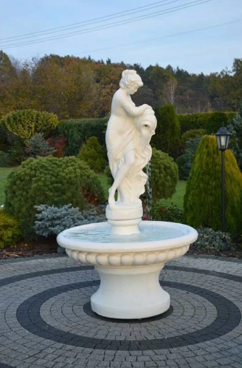 Casa Padrino Barock Springbrunnen Weiß Ø 120 x H. 196 cm - Prunkvoller Gartenbrunnen im Barockstil - Runder Gartendeko Stein Brunnen - Barock Garten Deko Accessoires
