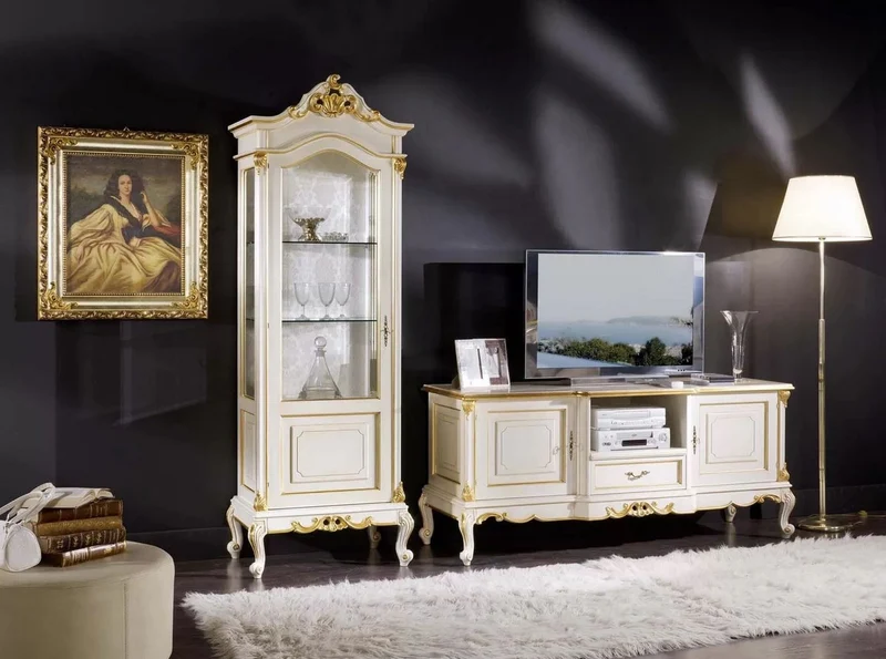 Casa Padrino Luxus Barock TV Schrank Weiß / Gold - Handgefertigtes Massivholz Sideboard mit 2 Türen und Schublade - Barock Wohnzimmer Möbel - Luxus Qualität - Made in Italy