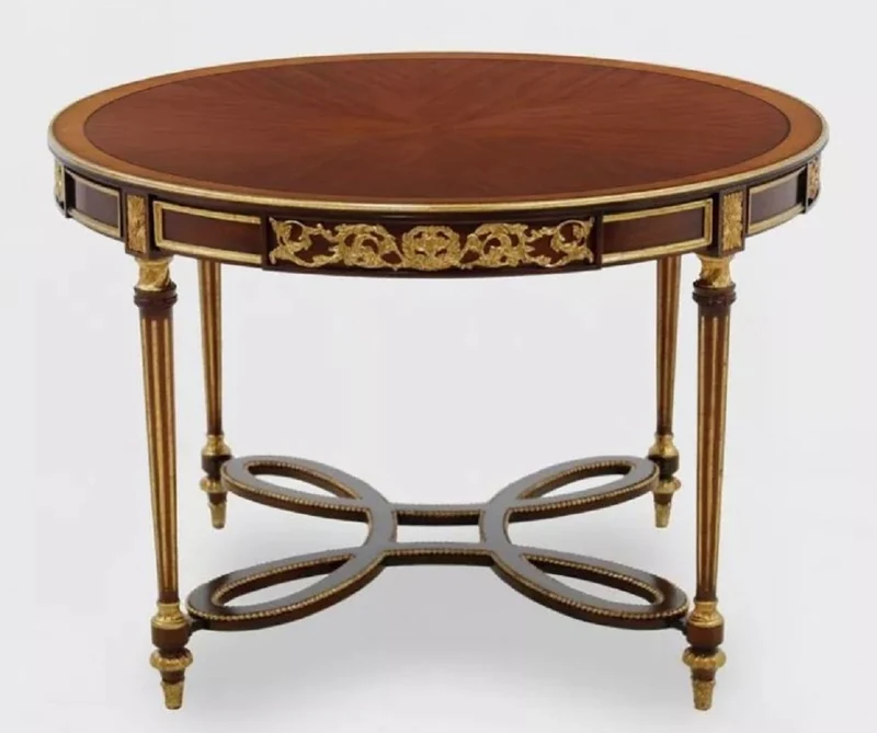 Casa Padrino Luxus Barock Esstisch Dunkelbraun / Braun / Antik Gold - Runder Barockstil Massivholz Küchentisch - Luxus Esszimmer Möbel im Barockstil - Barock Esszimmer Möbel
