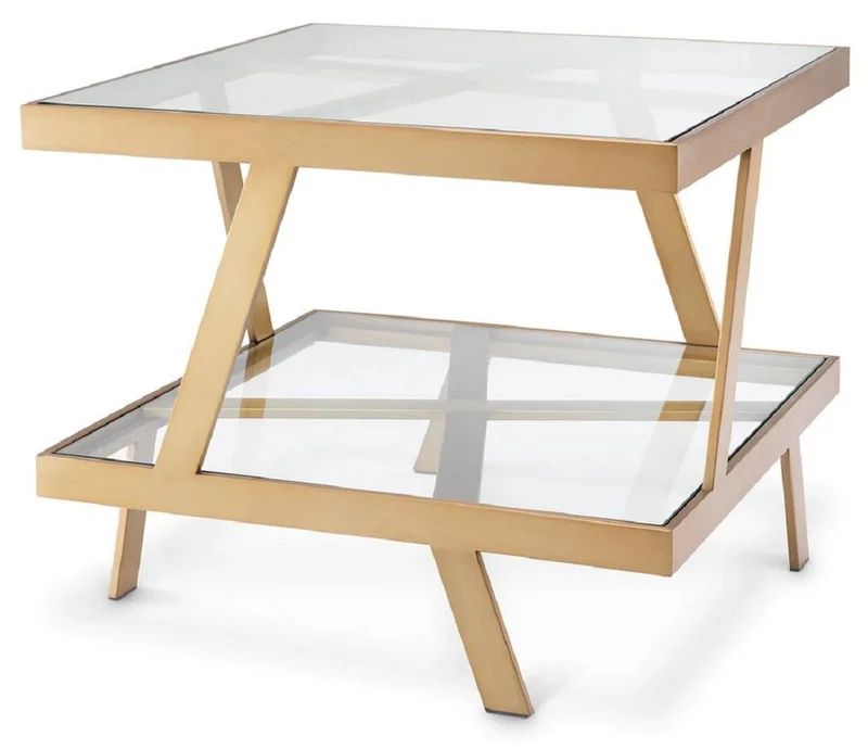 Casa Padrino Luxus Beistelltisch Messing 60 x 60 x H. 50,5 cm - Quadratischer Edelstahl Tisch mit Glasplatten - Wohnzimmer Möbel - Luxus Möbel - Luxus Qualität