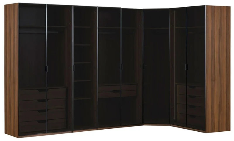Casa Padrino Luxus Eck Kleiderschrank Braun / Schwarz 345 x 195 x H. 220 cm - Massivholz Schlafzimmerschrank mit 8 Glastüren und LED Beleuchtung - Schlafzimmer Möbel - Hotel Möbel - Luxus Möbel