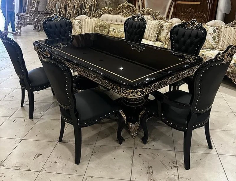 Casa Padrino Luxus Barock Esszimmer Set Schwarz / Gold - 1 Barock Esstisch & 6 Barock Esszimmerstühle - Barock Esszimmer Möbel - Luxus Möbel im Barockstil - Edel & Prunkvoll