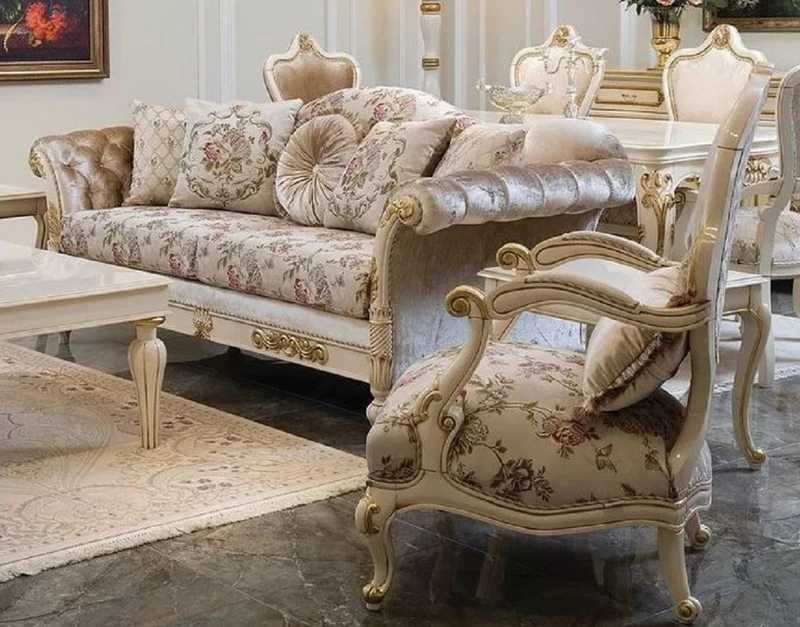 Casa Padrino Luxus Barock Wohnzimmer Set Creme / Rosa / Weiß / Gold - 2 Sofas & 2 Sessel - Handgefertigte Wohnzimmer Möbel im Barockstil - Edel & Prunkvoll