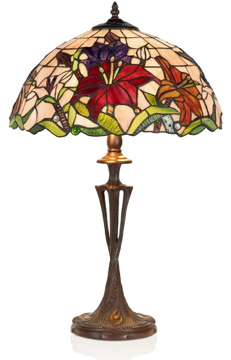 Casa Padrino Luxus Tiffany Tischleuchte Mehrfarbig / Braun Ø 40 x H. 60 cm - Runde Tiffany Schreibtischleuchte - Luxus Interior - Luxus Leuchten - Tiffany Leuchten