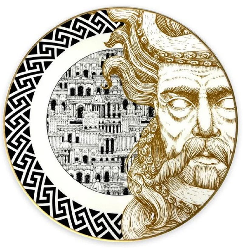 Casa Padrino Luxus Porzellan Teller Gott (rechte Seite) Weiß / Schwarz / Gold Ø 29 cm - Handbemalter Porzellan Essteller - Luxus Qualität - Made in Italy