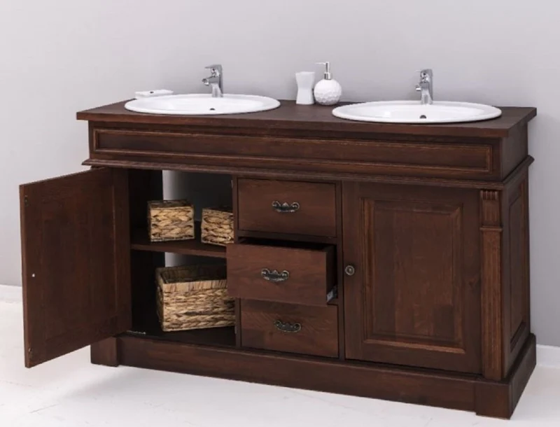 Casa Padrino Landhausstil Doppel Waschbeckenschrank mit 2 Keramik Waschbecken Dunkelbraun / Weiß 150 x 51 x H. 91 cm - Massivholz Badezimmer Möbel im Landhausstil - Landhausstil Möbel