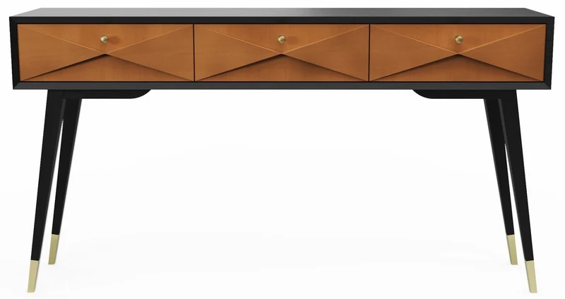 Casa Padrino Luxus Konsole Matt Schwarz / Matt Cognac / Gold 148 x 40 x H. 80 cm - Massivholz Konsolentisch mit 3 Schubladen - Luxus Möbel - Luxus Einrichtung