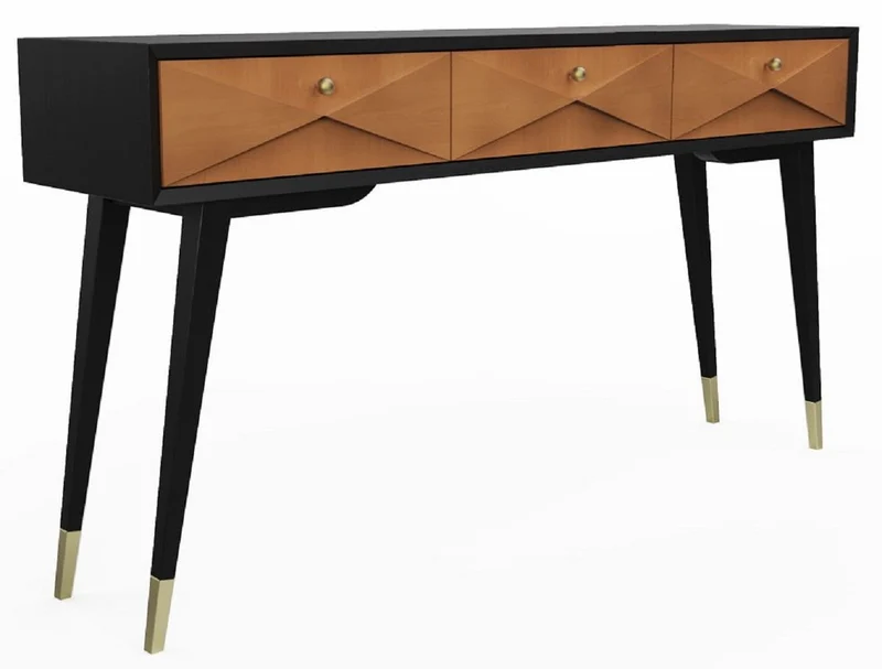 Casa Padrino Luxus Konsole Matt Schwarz / Matt Cognac / Gold 148 x 40 x H. 80 cm - Massivholz Konsolentisch mit 3 Schubladen - Luxus Möbel - Luxus Einrichtung