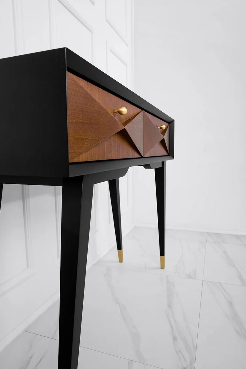 Casa Padrino Luxus Konsole Matt Schwarz / Matt Cognac / Gold 148 x 40 x H. 80 cm - Massivholz Konsolentisch mit 3 Schubladen - Luxus Möbel - Luxus Einrichtung