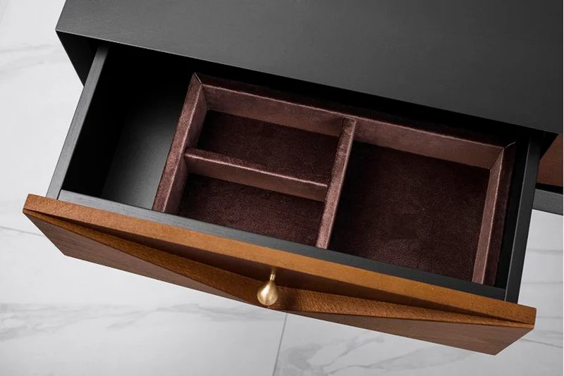 Casa Padrino Luxus Konsole Matt Schwarz / Matt Cognac / Gold 148 x 40 x H. 80 cm - Massivholz Konsolentisch mit 3 Schubladen - Luxus Möbel - Luxus Einrichtung