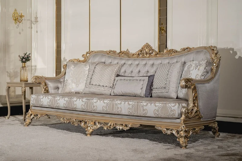 Casa Padrino Luxus Barock Wohnzimmer Set Silber / Grau / Gold - 2 Barock Sofas & 2 Barock Sessel & 1 Barock Couchtisch - Handgefertigte Wohnzimmer Möbel im Barockstil - Edel & Prunkvoll