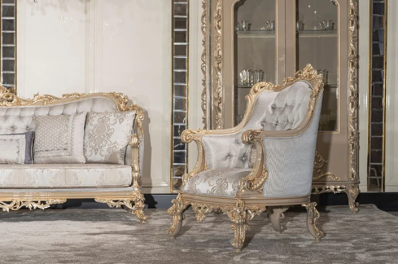Casa Padrino Luxus Barock Wohnzimmer Set Silber / Grau / Gold - 2 Barock Sofas & 2 Barock Sessel & 1 Barock Couchtisch - Handgefertigte Wohnzimmer Möbel im Barockstil - Edel & Prunkvoll