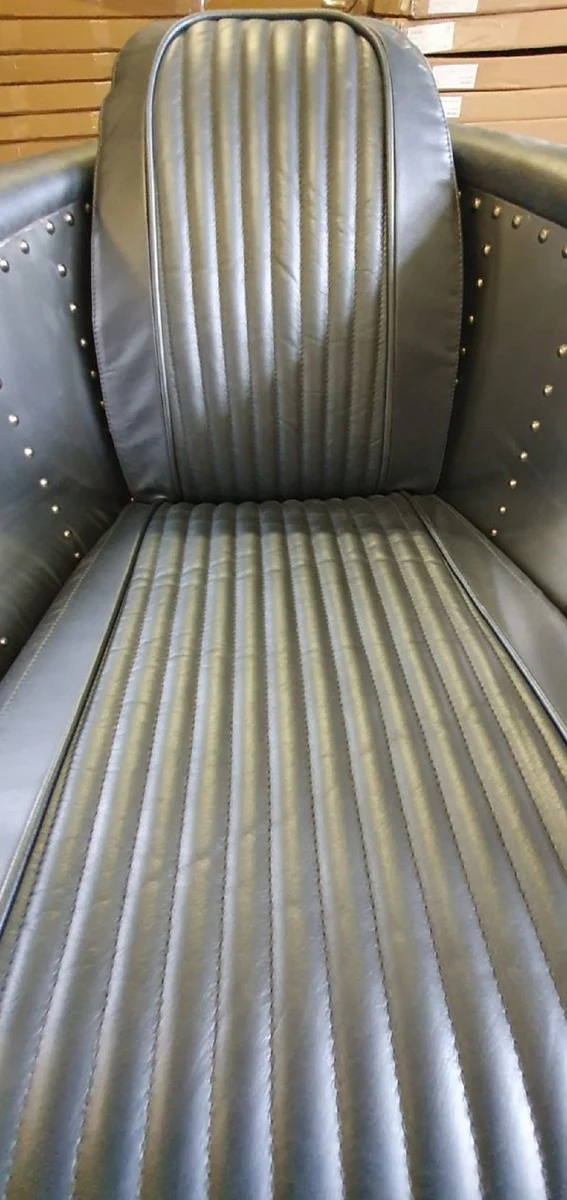 Casa Padrino Luxus Art Deco Leder Sessel Grau / Silber 69 x 70 x H. 82 cm - Aluminium Wohnzimmer Sessel mit hochwertigem Echtleder - Flugzeug Flieger Echtleder Möbel - Luxus Möbel